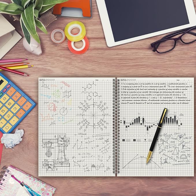 A4 Graph Paper Notebook, 2 Pack Large Spiral Grid Notebook, 200 Pages 100gsm Thick 5mm Square Paper Quad Notebook for Engineering, Math, Taking Notes, Drawing - Kraft Brown Cover, 8.5" x 11"