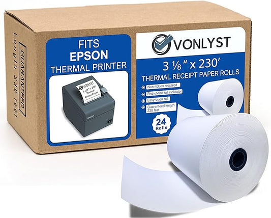 3 1/8 x 230 Thermal Paper Receipt Roll for Epson Printer (Pack 24 rolls)