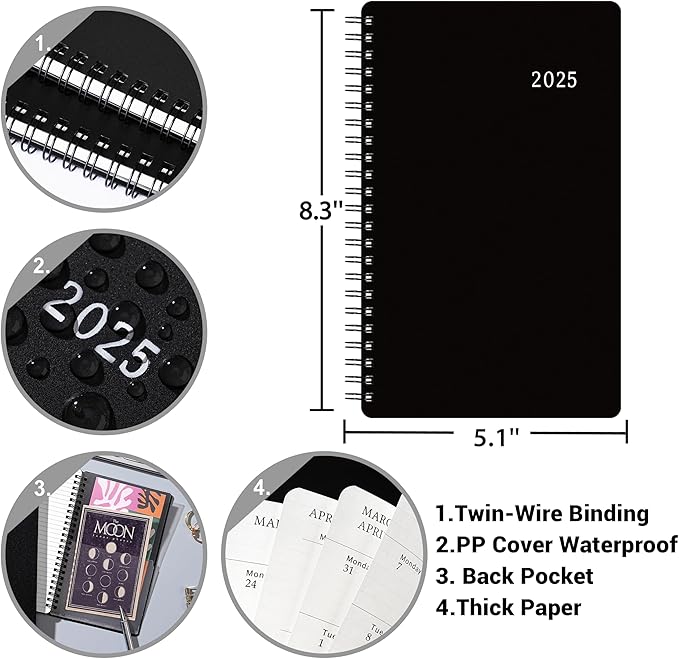 2025 Planner - 2025 Planner Weekly and Monthly, Jan 2025 - Dec 2025, 5" x 8", Twin-Wire Binding, Holidays, Back Pocket, Thick Paper, Classic Black
