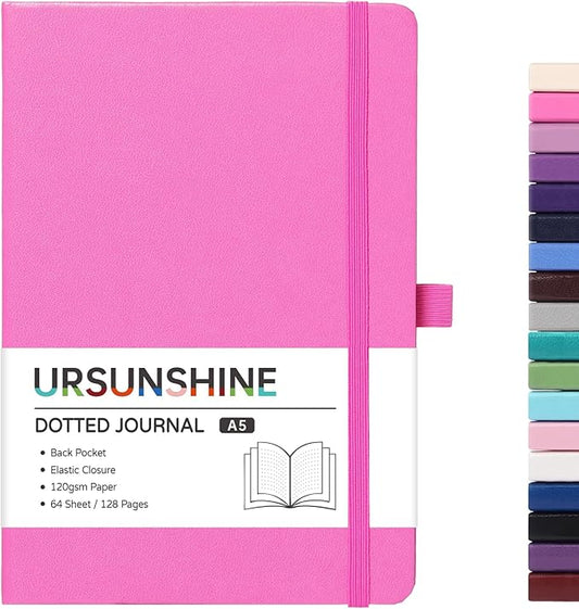 Dotted Journal/Notebook - Dot Grid Hard Cover Notebook, Premium Thick Paper with Fine Inner Pocket, Black Smooth Faux Leather, Pen Loop, 5.3'' x 8.26'' - Raspberry