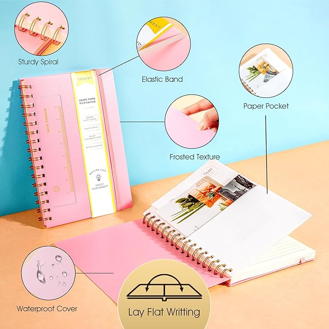 Yoment Graph Paper Notebook A5 Graphing Spiral Notebook 160 Pages Grid Paper Notebook Spiral Bound Pink Hardcover Spiral Journal 5x7 Grid Notebooks for Note Taking, Pink