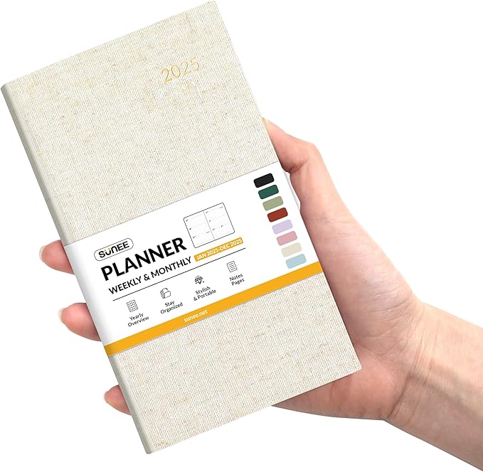 SUNEE 2025 Pocket Weekly Planner for Purse 3.5" x 6" - 12 Month (January 2025 - December 2025), Pocket Size Planner, Hardcover, Notes, Pocket, 100 GSM Paper, Beige