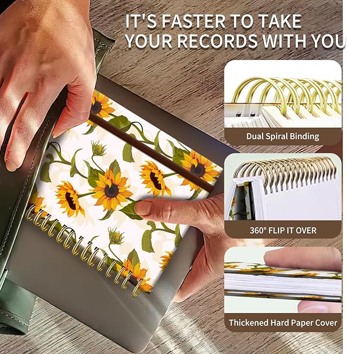 Spiral Journal Notebook, A5 Cute Notebooks for Women Men, College Ruled Hardcover Notebook for Work & Note Taking, 60 Pages Double-Wire Journals for Writing White Sunflowers