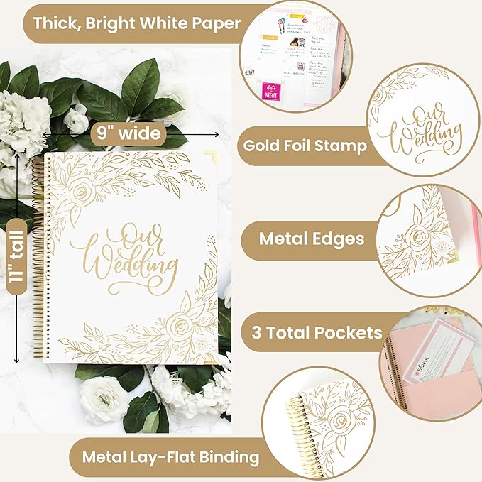 bloom daily planners Hard Cover Wedding Day Planner & Organizer (Undated) - 9" x 11" - Gold Floral