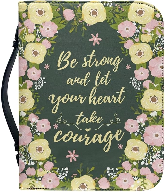 Lotusorchid Floral Bible Book Cover Case with Handle Pocket, Portable Bible Cover Case with Pen Storage, Sturdy PU Bible Tote Bag with Verse for Women Girls, Bible Accessories, Green,2XL