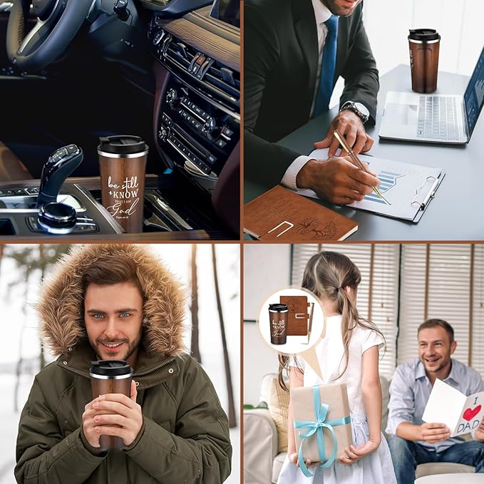 Pickmesh 3 Pcs Christian Gift for Men Man of God Gift Bible Verse A5 Leather Journal with Ballpoint Pen 17 oz Stainless Steel Tumbler Easter Gift Baskets for Father's Day Pastor Birthday Church(Brown)