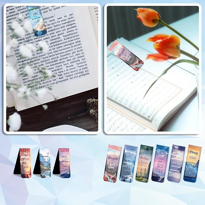 48 Piece Bible Verse Magnetic Bookmarks - Christian Scripture Inspirational Book Marks with Boxes - Religious Motivational Book Marker Prayer Page Clips for Women & Men Reading Gifts(Landscape Style)