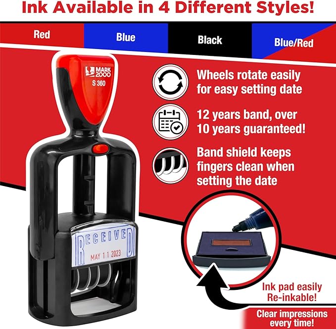Self-Inking Rubber Date Office Stamp with Posted Phrase - Blue Ink - 12-Year Band