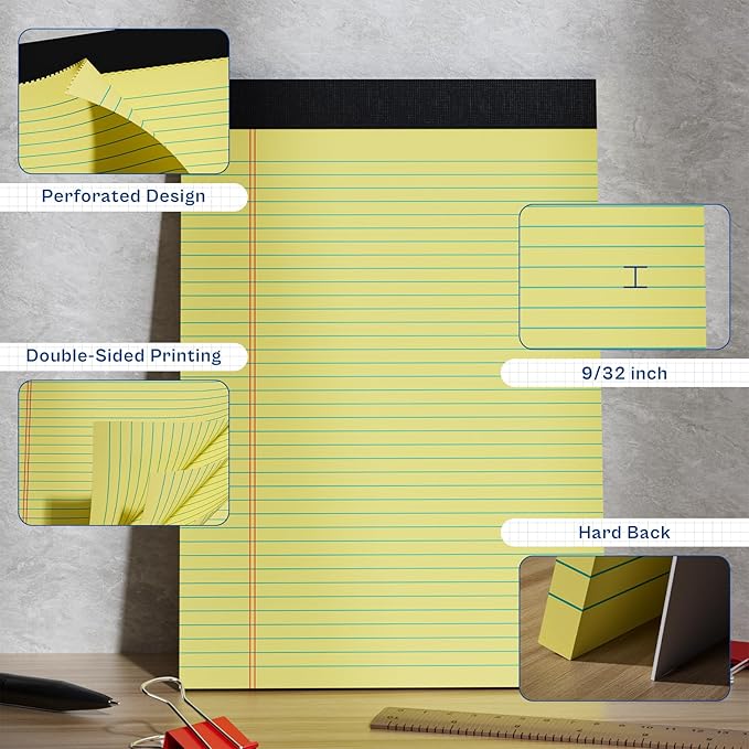 Legal Pads 8.5 x 11 College Ruled 4 Pack Yellow Note Pads 8.5 x 11 Notepads 30 Sheets Perforated Notepad Writing Pads 21lb Paper Legal Pad Ruled Paper Pad with Sturdy Back for School, Home, Office