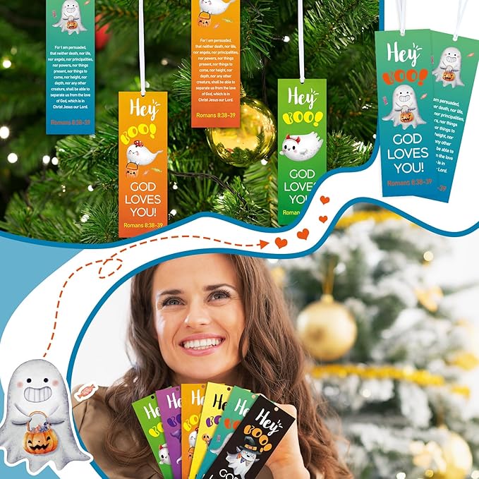 60 Pcs Halloween Bookmark Hey Boo God Loves You Bookmark Romans 8: 38-39 Ghost Christian Bookmarks VBS Exchange Gifts for Kids Adult Church School Classroom Prizes Party Favors