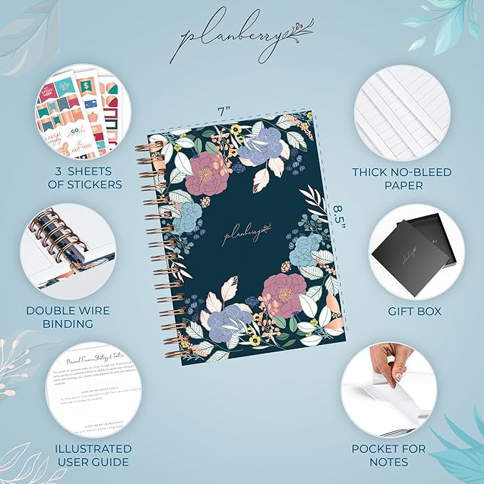PLANBERRY Budget Planner & Monthly Bill Organizer with Pockets Premium – Home Finance & Bill Payment Organizer – Budgeting Book with Income & Expense Tracker - 7x8.5″ Hardcover (Spring Bloom)