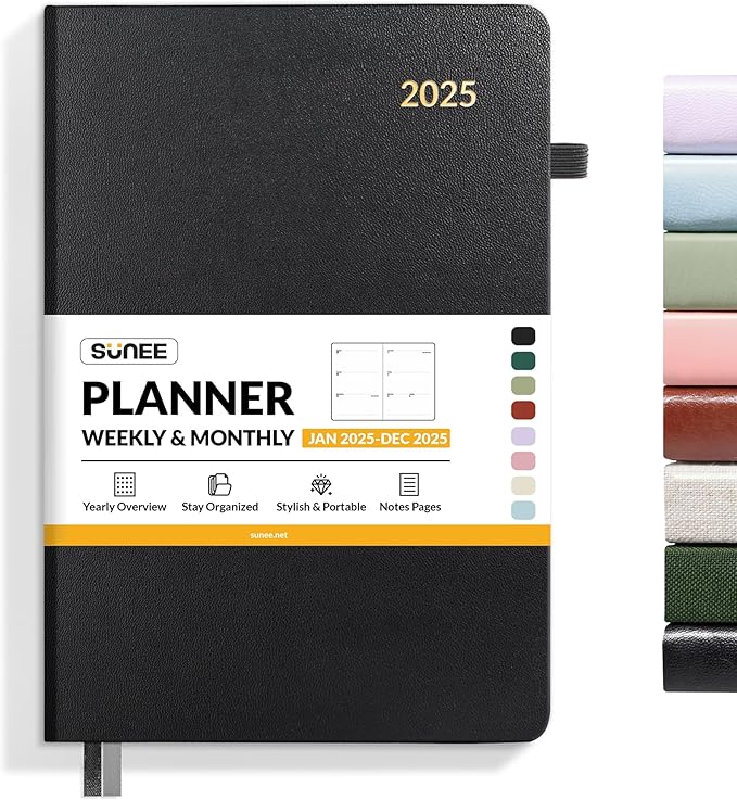 SUNEE 2025 Weekly & Monthly Hardcover Planner 5.5" x 8.3" - 12 Month (January 2025 - December 2025), Small Hardcover Planner, Pocket, Notes, 100 GSM Paper, Black