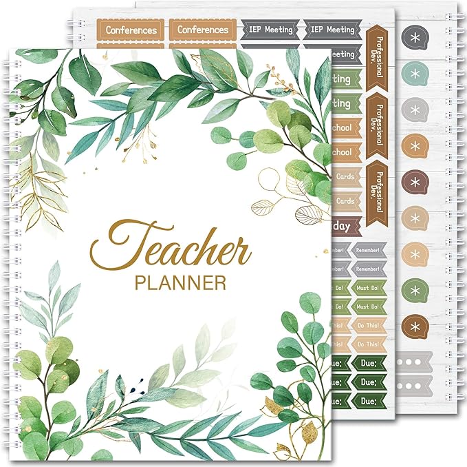 Eucalyptus Teacher Planner Undated Academic Year Teacher Lesson Planner Book Green Plants Daily Weekly Monthly Spiral Planner Checklist Organizer with Stickers for Classroom, 8.5'' x 11''