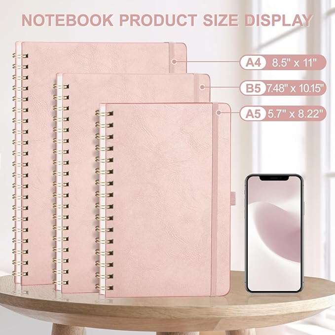 AHGXG Graph Paper Notebook - Spiral Notebook Hardcover Leather Journal 140 Pages, A5 Grid Paper Notebook 5.7" x 8.3", 100 gsm Thick Paper, for School Writing Graphing Engineering, Rose Gold