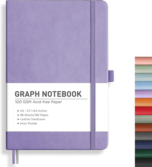RETTACY Graph Paper Notebook, A5 Grid Notebook Journal with 192 Pages, 5.7'' × 8.3'', Medium Size, Leather Hardcover, 100 GSM Thick Paper, for Students, Homework, Math, Engineering (Purple)