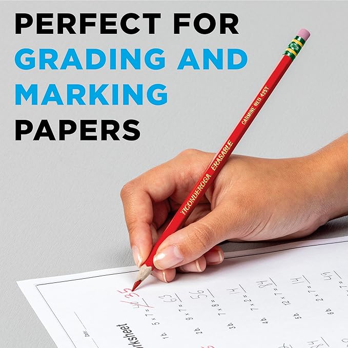 TICONDEROGA Erasable Checking Pencils, Pre-Sharpened with Eraser, Red, Pack of 2 (13901)