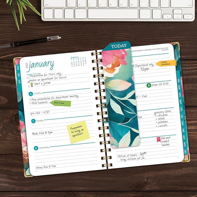 HARDCOVER 2025 Planner, 5.5"x8": 14 Months (November 2024 - December 2025), Daily Weekly Monthly Planner, Yearly Agenda, Bookmark, Pocket Folder and Sticky Note Set (Teal Floral)