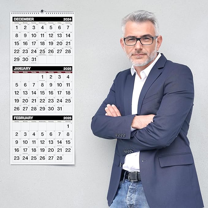 Dunwell Three Month View Calendar 2025 (Black), 11x26" Open, 3-Month Wall Calendar Vertical, Use to December 2025, 3 Panel, Ships Folded