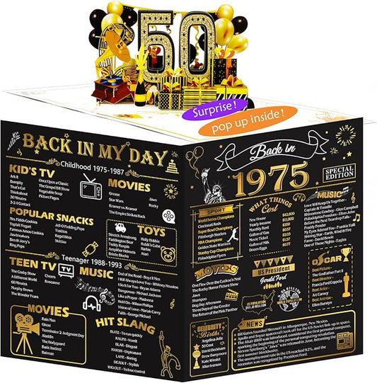 50th Birthday Card for Men Women, 3D Pop Up 50th Birthday Gifts Cards for Him Her, Back In 1975 Funny 50 Year Old Birthday Decorations