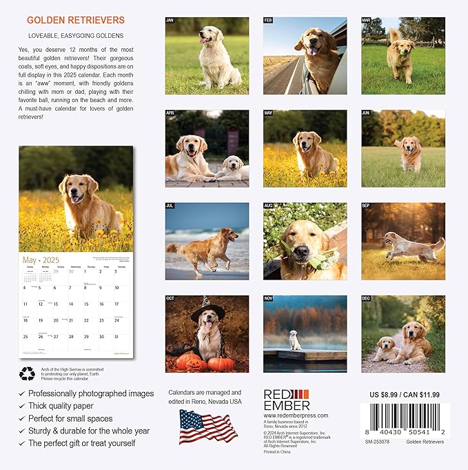 RED EMBER Golden Retrievers Mini 2025 Wall Calendar 12 Month | 7" x 14" Open | Thick & Sturdy Paper | Giftable | Calendar 2025