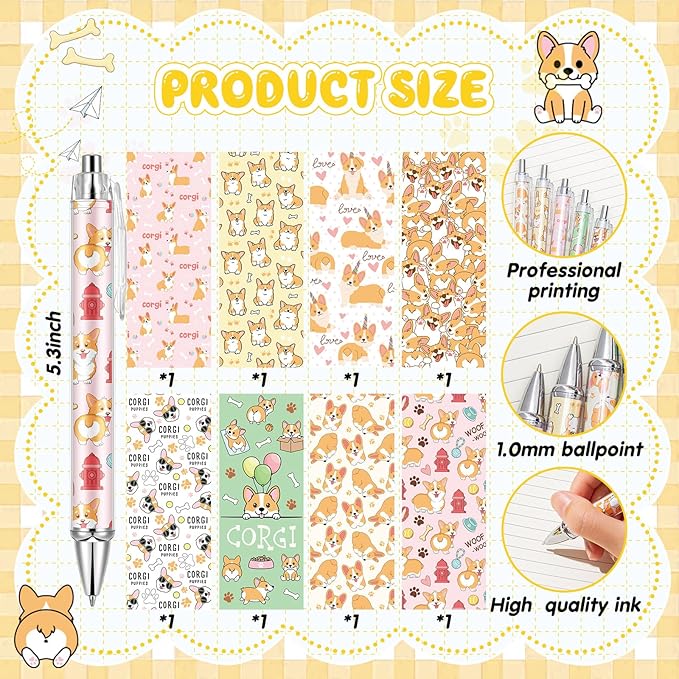 Ireer 8 Pcs Ballpoint Pens for Women 1.00 mm Cute Black Ink Fancy Pens Fine Point Smooth Writing for Journaling Aesthetic Office Supplies(Corgi)