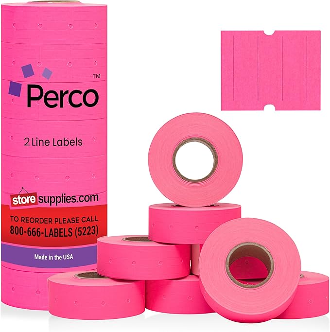 Perco 2 Line Fluorescent Pink Labels - 8 Rolls, 1 Sleeve, 6,000 Blank Price and Date Gun Labels for Perco 2 Line Price and Date Guns - Made in USA