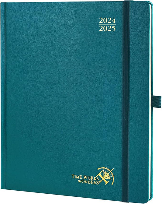 POPRUN Planner 2024-2025, [Large 8.5'' x 10.5'' Hard Cover] Academic Calendar (July 24-June 25) Daily Weekly and Monthly Appointment Book with Hourly Time Slots, Monthly Tabs, 100 GSM - Pacific Green
