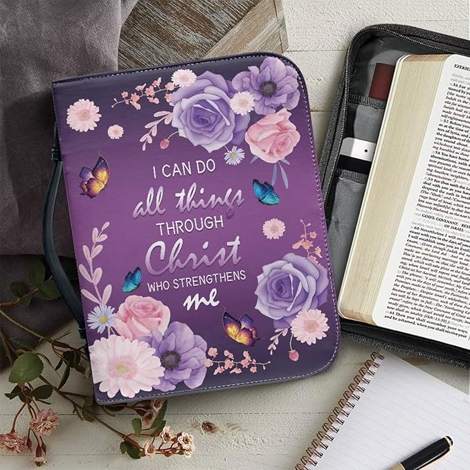 Lotusorchid Flower Butterfly Bible Bags for Women, Portable Bible Cover Bags for Girls, Christian Bible Study Accessories,I Can Do All Things Through Christ Who Strengthens Me Bible Verse, XL