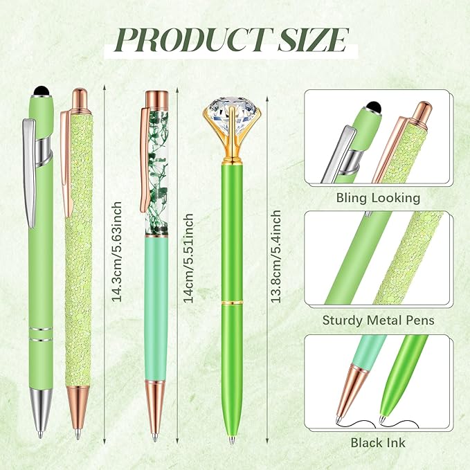 Sabary 8 Pcs Ballpoint Pens with Pen Holder for Desk Glitter Crystal Diamond Fancy Pencil Holder Bling Desk Organizer Cute Stationery Supplies for Women Girls Wedding Office School Gifts(Green)