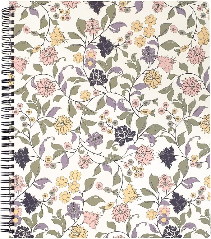 Steel Mill & Co Cute Floral Large Spiral Notebook College Ruled, 11" x 9.5" with Durable Hardcover and 160 Lined Pages, Purple Vine Ditsy