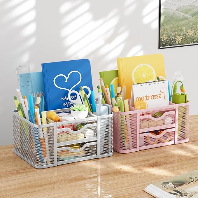 Marbrasse Mesh Desk Organizer, Pen Organizer with 2 Drawer, Multi-Functional Pencil Holder for Desk, Desk Organizers and Accessories with 5 Compartments + Drawer for Office Art Supplies (Pink)