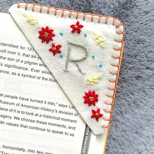 Personalized Hand Embroidered Corner Bookmark, Bookmarks for Women, Personalized Bookmark for Books, Cute Flower Book Mark, Hand Stitch Gift for Women for Book Lovers by HNQCPCVU (R, White)