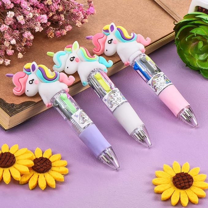 Chinco 12 Pieces Retractable Unicorn Pens 4-in-1 Multicolor Ballpoint Pen Unicorn Candy Party Favor Colored Ink Mini Party Favors for Girls Kids Classroom Prizes Birthday Gifts(Curly Hair Unicorn)