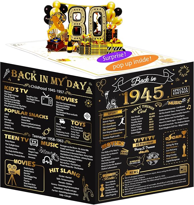 80th Birthday Card for Men Women, Funny 3D Pop Up 80th Birthday Gifts for Grandma Mom Dad, Back In 1945 Happy 80 Year Old Birthday Decorations Cards for Her Him