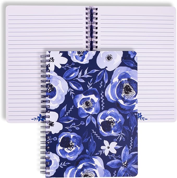 Steel Mill & Co Cute Floral Mini Spiral Notebook, 8.25" x 6.25" Journal with Durable Hardcover and 160 Lined Pages, Blue Watercolor