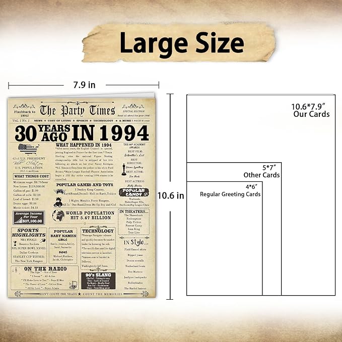 Vintage 30th Birthday Card Gifts for Women Men,Happy 30 Year Old Birthday Party Decorations for Husband Wife,Jumbo 30th Anniversary Wedding Gifts Card for Him Her,Back in 1994