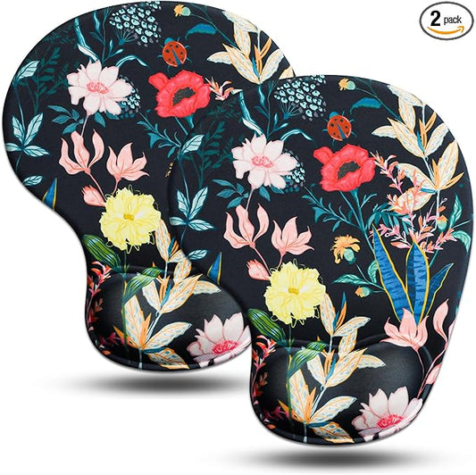 JIKIOU Mouse Pad, 2 Pack Ergonomic Mouse Pads with Comfortable Gel Wrist Rest Support and Lycra Cloth, Non-Slip PU Base for Easy Typing Pain Relief Durable and Easy to Clean Small Black Flowers