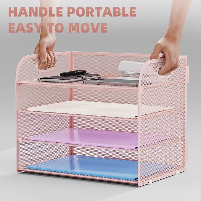 Marbrasse 4 Tier Paper Organizer Letter Tray - Mesh Desk File Organizer with Handle, Paper Sorter Organizer for Letter/A4 Office File Folder Holder (Pink, 12.6" x 9.1" x 10.7")