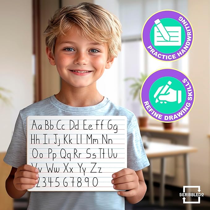 Scribbledo Double Sided Whiteboard Lined Dry Erase Board for Kids Ruled Writing Board Handwriting Practice Small White 9x12 Dry Erase Board with Lines Education Teacher Supplies