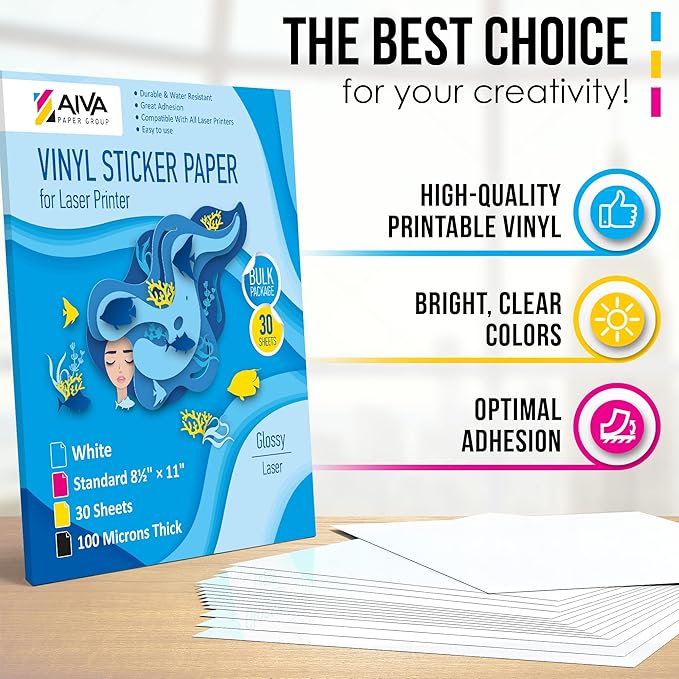 Printable Vinyl Sticker Paper for Laser Printer - Glossy White - 30 Self-Adhesive Sheets - Waterproof Decal Paper - Standard Letter Size 8.5"x11"