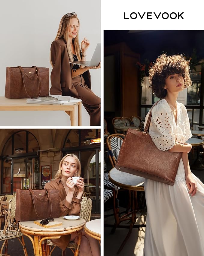 LOVEVOOK Laptop Bag for Women,17.3 Inch Laptop Tote Bag for Women,Vintage Leather Work Tote Bags Computer Teacher Bag,Waterproof Business Bag Office Briefcase