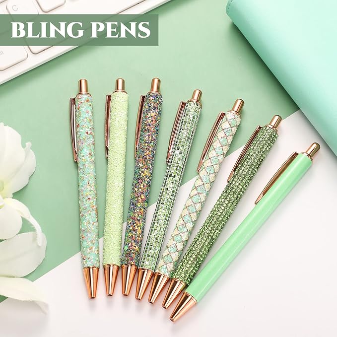 Sherr 7 Pcs Fancy Pens for Women Cute Sparkly Glitter Pens with 10 Pcs Black Ink Refills Pretty Gifts for Girls Office School Christmas Graduation(Green,Fresh)