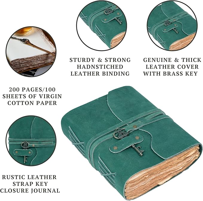 LEATHER VILLAGE Vintage Leather Journal – 200 Handmade Vintage Deckle Edge Paper – Leather bound Journal For Women Men – Vintage Key Closure - Book of Shadows - Turquoise - 6X4 inches (A6)