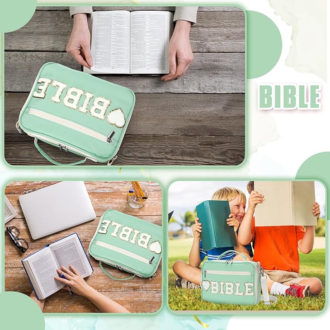 Silkfly Large Chenille Letter Bible Cover for Women Preppy Patch Bible Case Church Bible Bag with Handle(Sage Green)