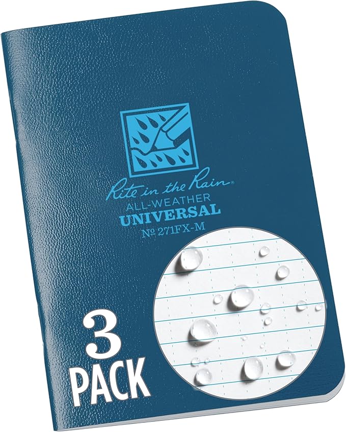 Rite In The Rain Weatherproof Mini-Stapled Notebook, 3 1/4" x 4 5/8", Blue Cover, Universal Pattern, 3 Pack (No. 271FX-M)