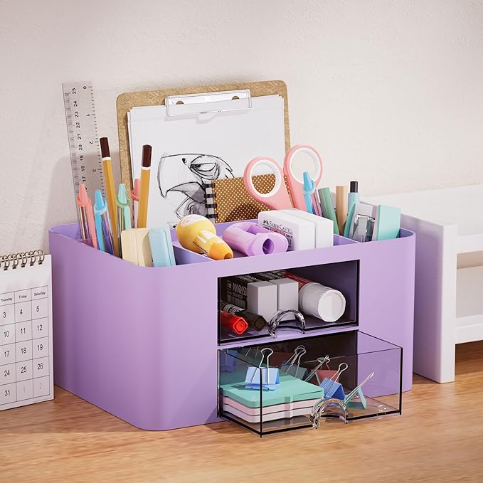 Marbrasse Pen Organizer with 2 Drawer, Multi-Functional Pencil Holder for Desk, Desk Organizers and Accessories with 5 Compartments + Drawer for Office Art Supplies (Purple)
