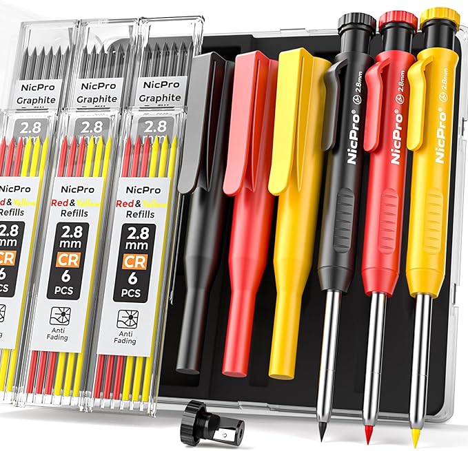 Nicpro 3 Pack Carpenter Pencil with Sharpener & Holder, Mechanical Carpenter Pencils with 39 Refills (Red, Black, Yellow), Heavy Duty Construction Pencils Woodworking Pencils for Contractor, Architect