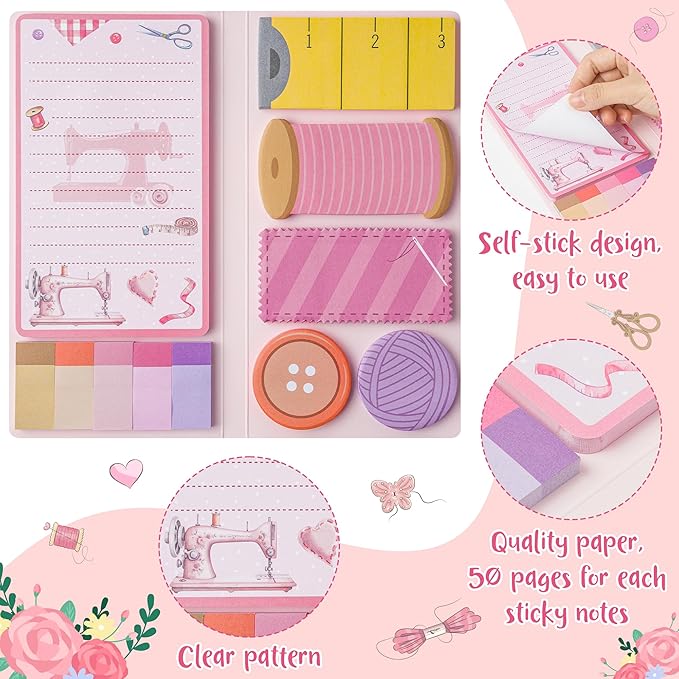 Retro Sewing Sticky Notes Set - Any Day Spent Sewing is A Good Day Self-Stick Note Pads Teacher Appreciation Notepads Writing Memo Pad Page Marker Back to School Office Supplies (Pink)