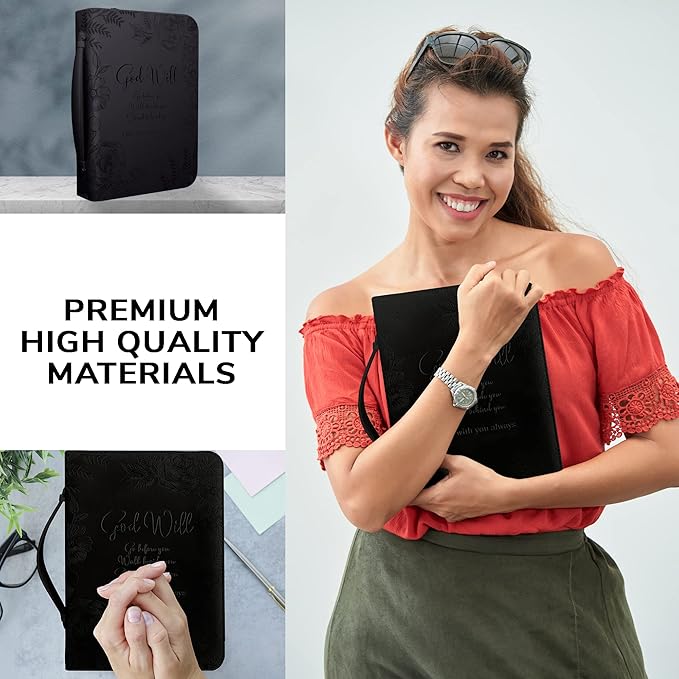 DEHITE Briefcase for Women – Leather Carrying Bag Extra Large Size – | Fits Book 11.12x8x2.12 IN | Pen Slots | Zippered Pocket | Premium Faux Leather | – Black Christian Gift Accessory