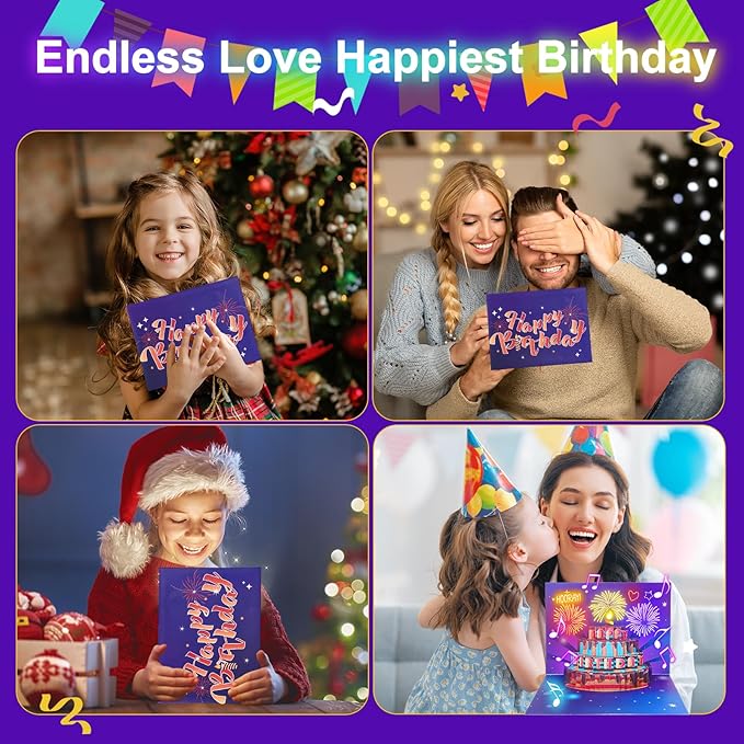 Musical Birthday Card, Pop up 3D LIGHTS & SOUND Firework Happy Birthday Decorations Greeting Cards for Women With Envelopes Purple